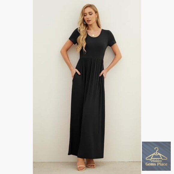 Summer Maxi Dress with Pockets, Short Sleeve Crew Neck, Relaxed Fit - Picture 3 of 7